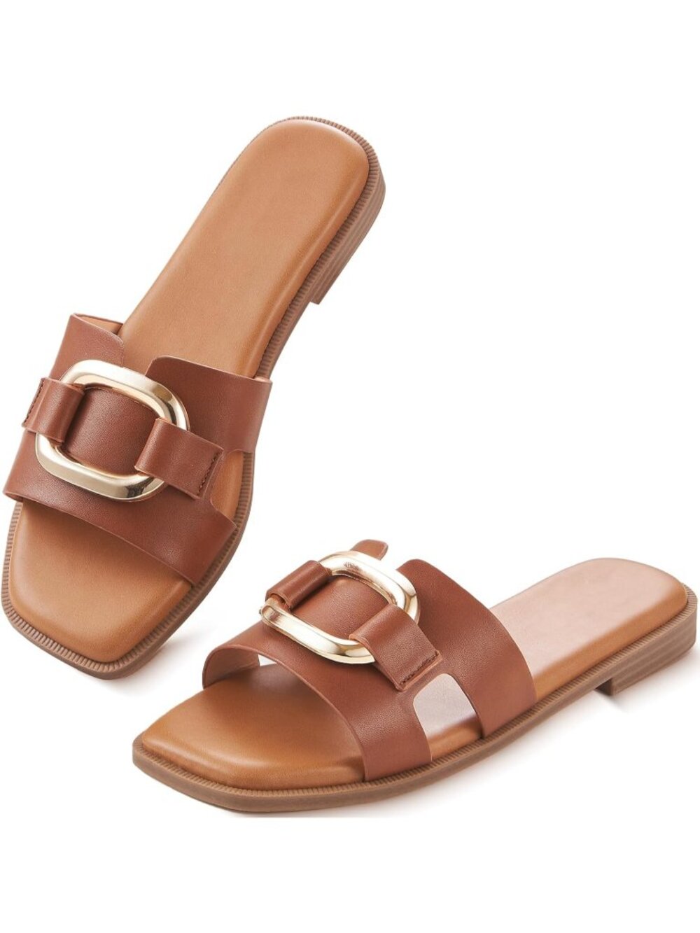 Women's Gold Brown Slip On Flat Loafers Comfortable Square Casual PU Leather